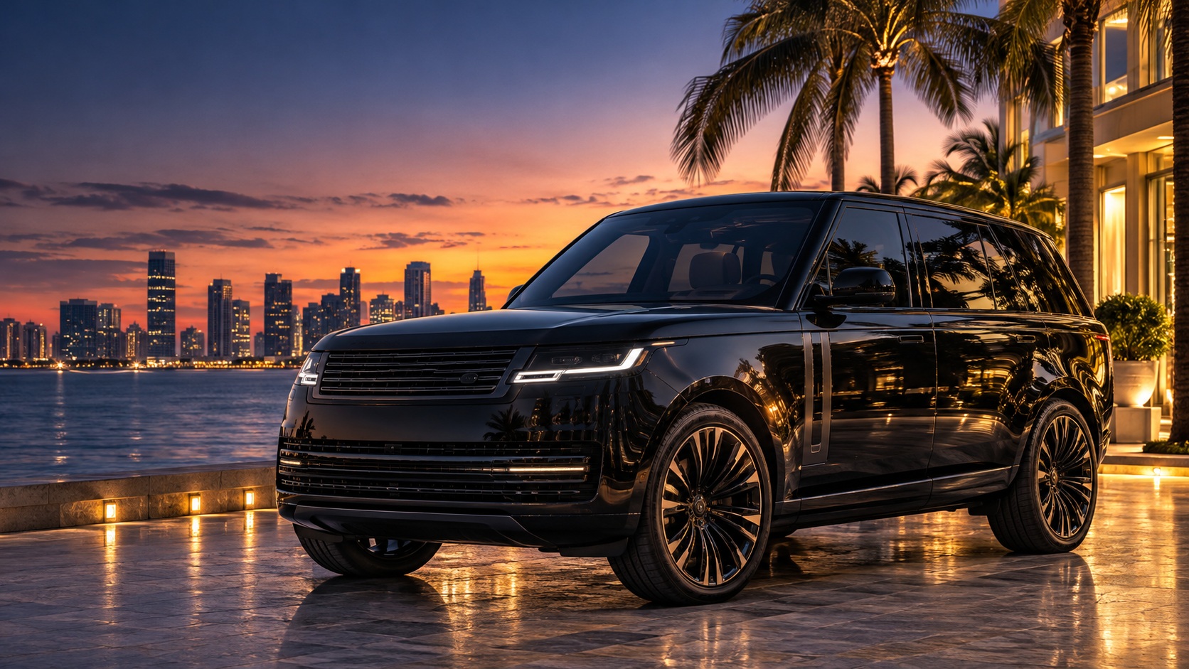 Illustrative black luxury SUV with Range Rover styling beside the Miami waterfront at sunset